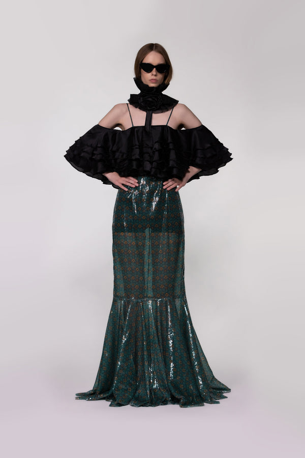 Helen Anthony Monogram Sequin Off-the-Shoulder Mermaid Evening Gown with sculptural tiered ruffle bodice and mermaid silhouette.