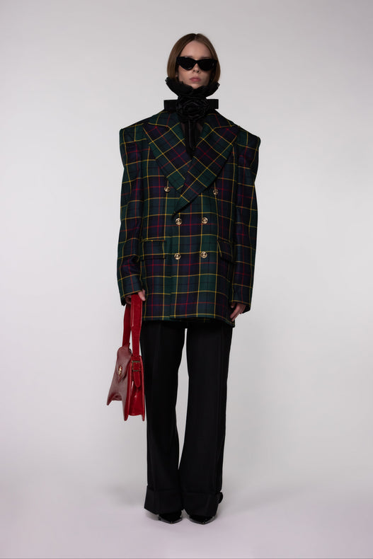 Green Tartan Double Breasted Wool Blazer