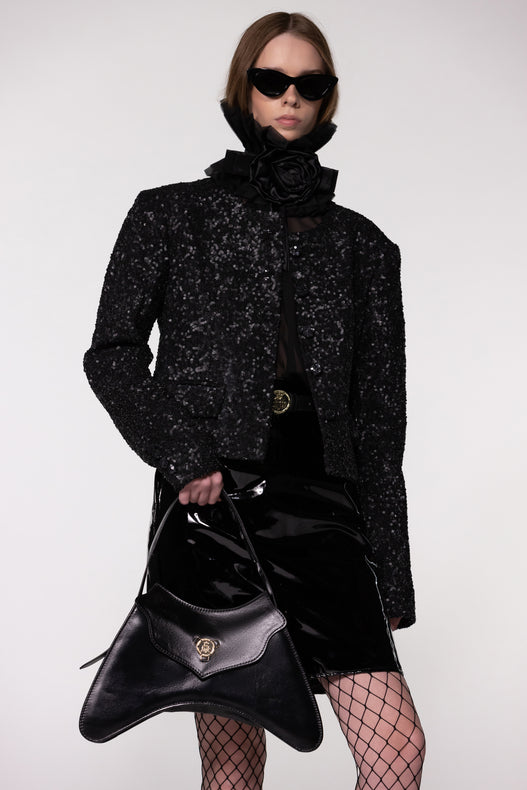 Hand-Embroidered Sequin Cropped Wool Jacket