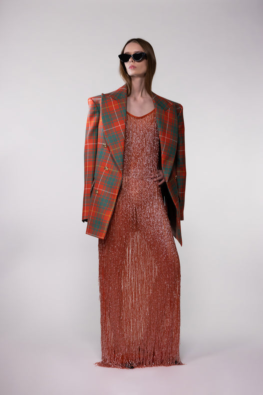 Hand-Embroidered Beaded Tassel Sheer Evening Dress