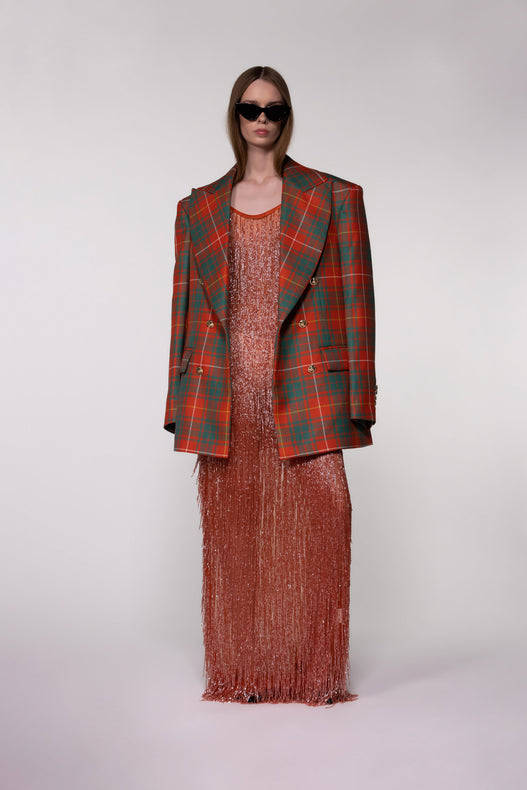 Helen Anthony Heritage Check Double-Breasted Wool Blazer in 100% British wool styled with hand embroidered beaded evening dress.