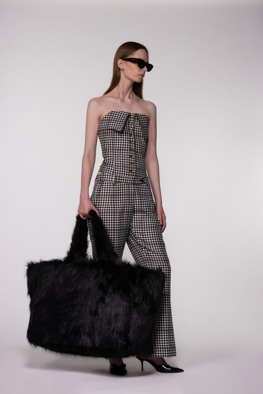 Brown Check Sculptural Corset Bodysuit