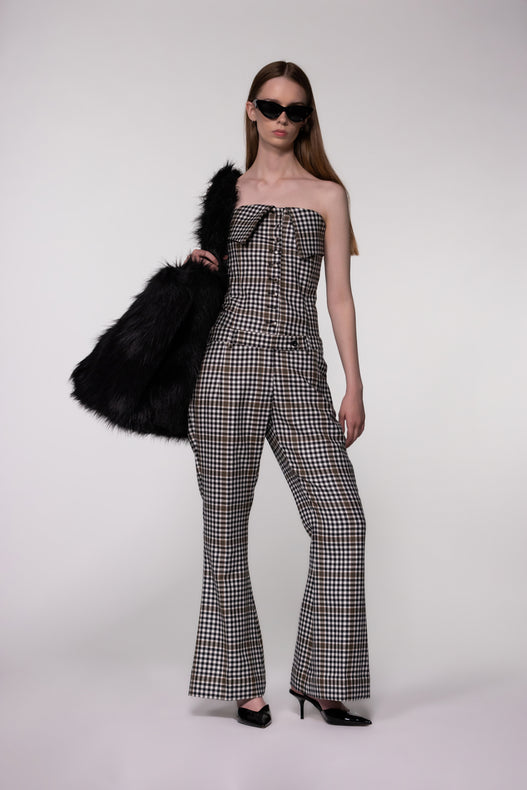 Brown Check Sculptural Corset Bodysuit