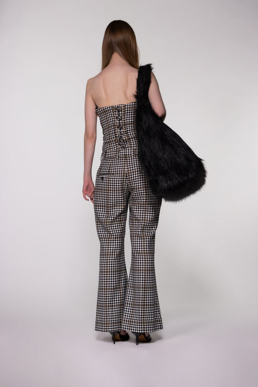 Brown Check Sculptural Corset Bodysuit