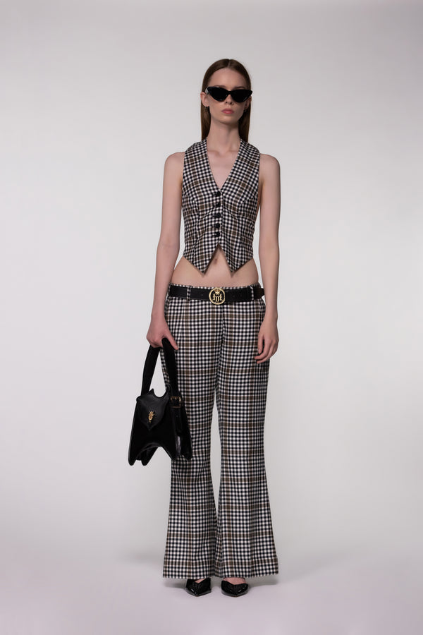 Helen Anthony Brown Check Halter Waistcoat Top in 100% British wool styled with matching Brown Check Low Rise Flared Wool Trousers.