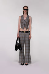 Helen Anthony Brown Check Halter Waistcoat Top crafted from 100% British wool, styled with the Helen Anthony Leather Belt.