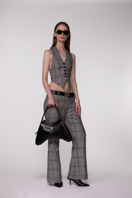 Brown Check Halter Waistcoat Top