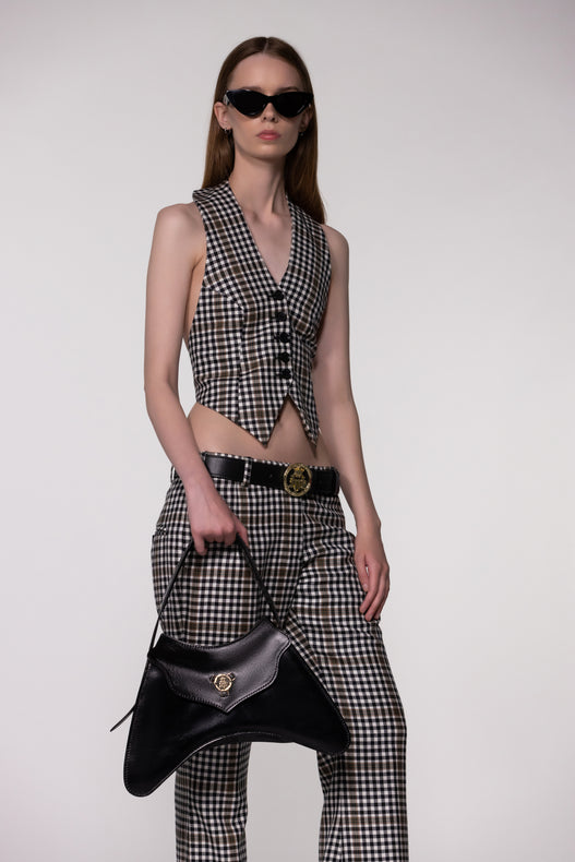 Brown Check Halter Waistcoat Top
