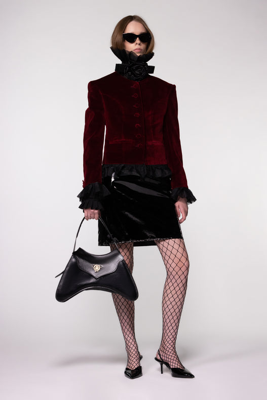 Maroon Velvet Frill Cropped Jacket