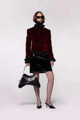 Model wearing the Helen Anthony Velvet Frill Cropped Jacket styled with the Organza Shirt and PU Leather Midi Skirt for an elegant contemporary occasion look.