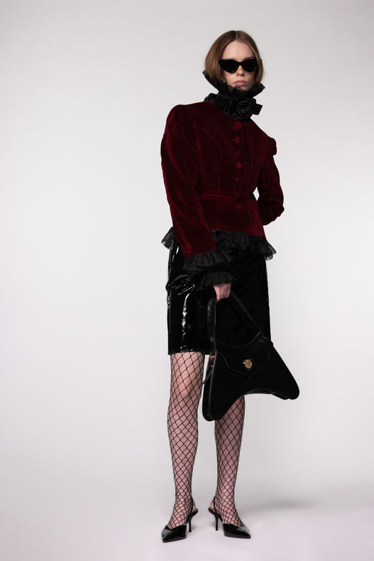 Maroon Velvet Frill Cropped Jacket