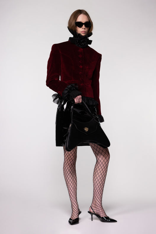 Maroon Velvet Frill Cropped Jacket