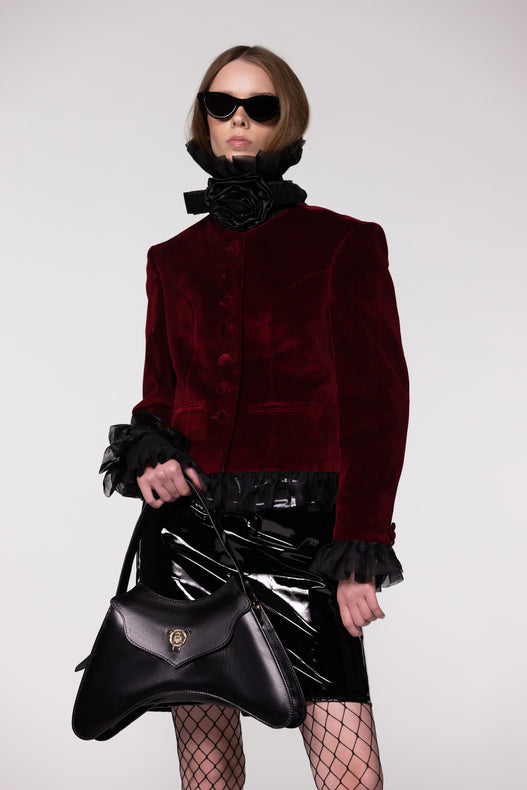 Maroon Velvet Frill Cropped Jacket
