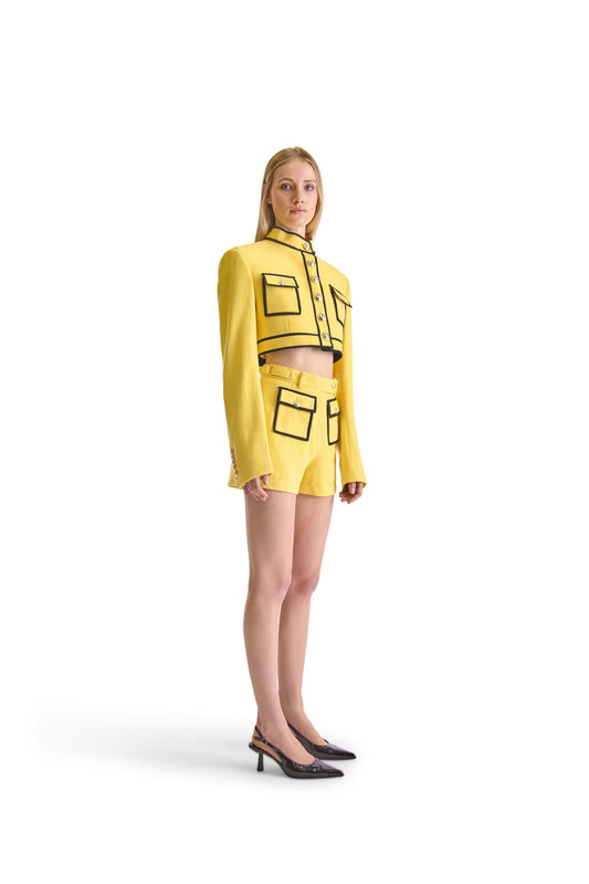 Tailored Short Buttoned Wool Contrast Piping Jacket