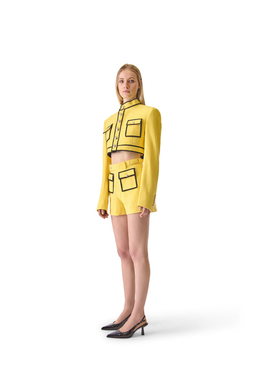 Tailored Short Buttoned Wool Contrast Piping Jacket
