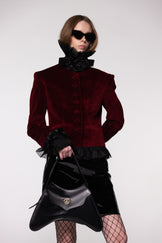 Maroon Velvet Frill Cropped Jacket