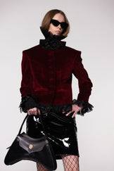 Maroon Velvet Frill Cropped Jacket