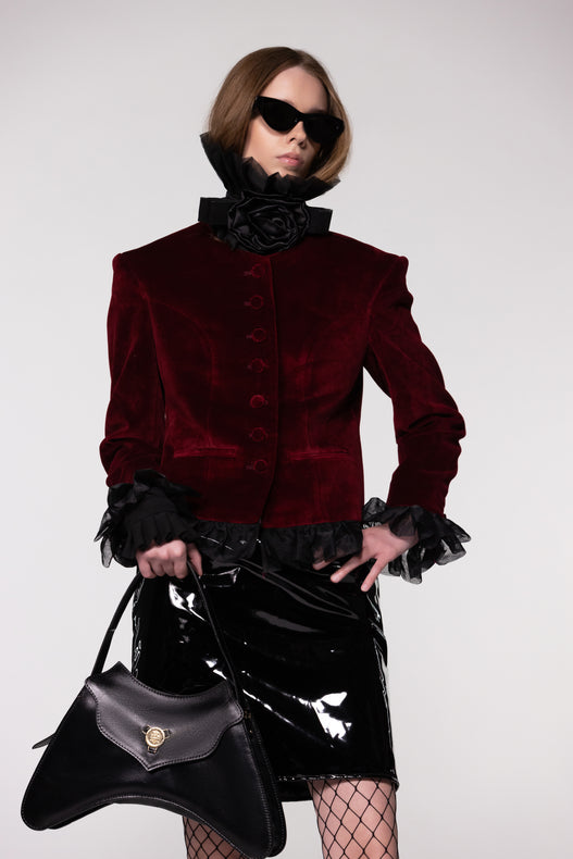 Maroon Velvet Frill Cropped Jacket