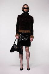 Brown Velvet Frill Cropped Jacket