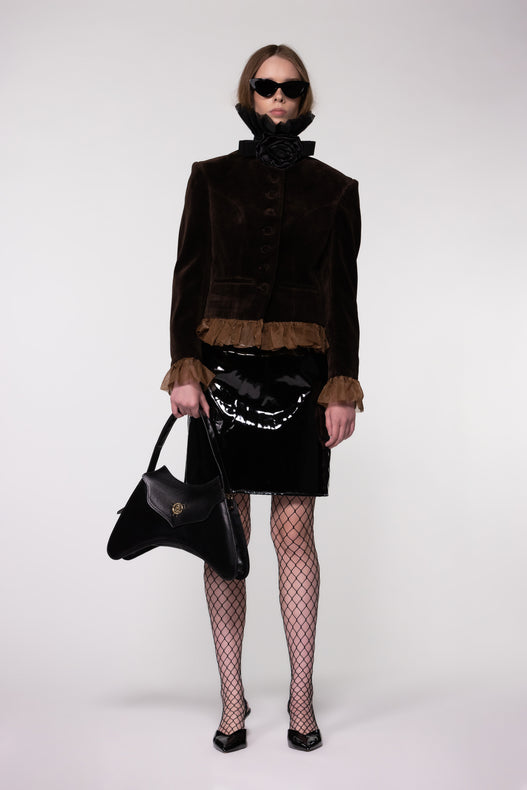 Brown Velvet Frill Cropped Jacket