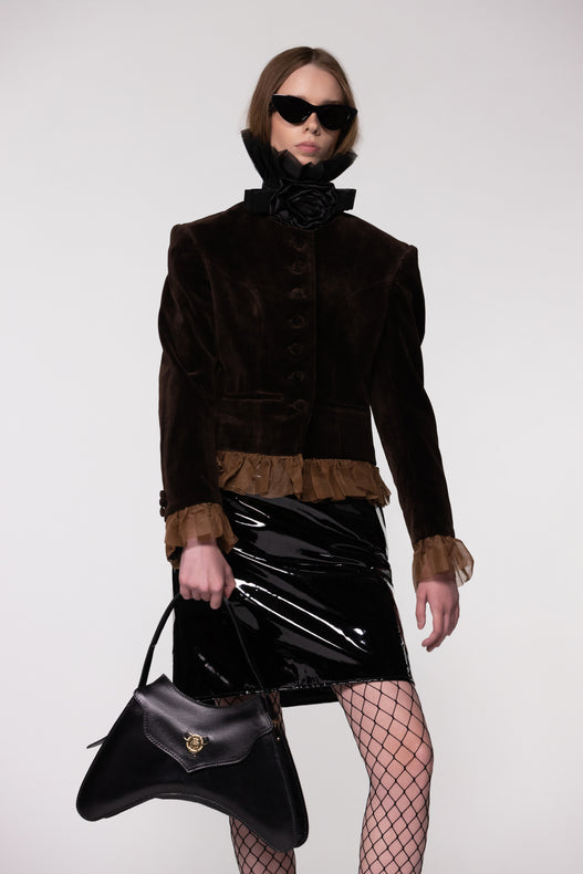 Brown Velvet Frill Cropped Jacket
