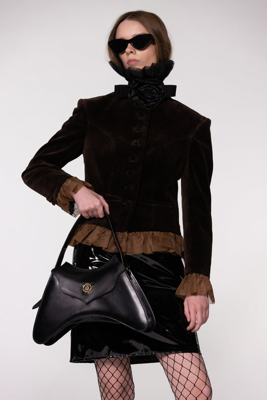 Brown Velvet Frill Cropped Jacket