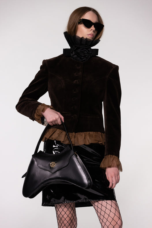 Brown Velvet Frill Cropped Jacket