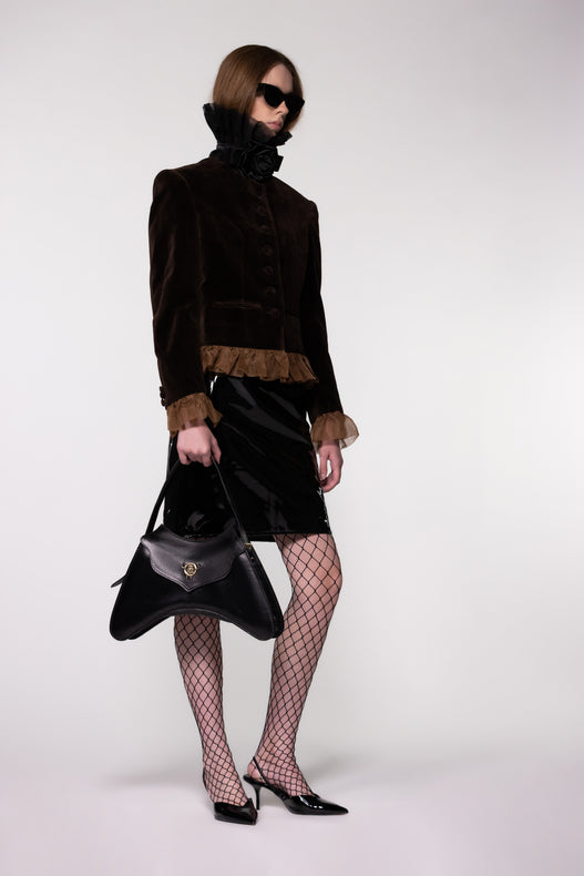 Brown Velvet Frill Cropped Jacket