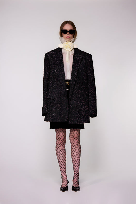 Hand-Embroidered Sequin Wool Double-Breasted Blazer