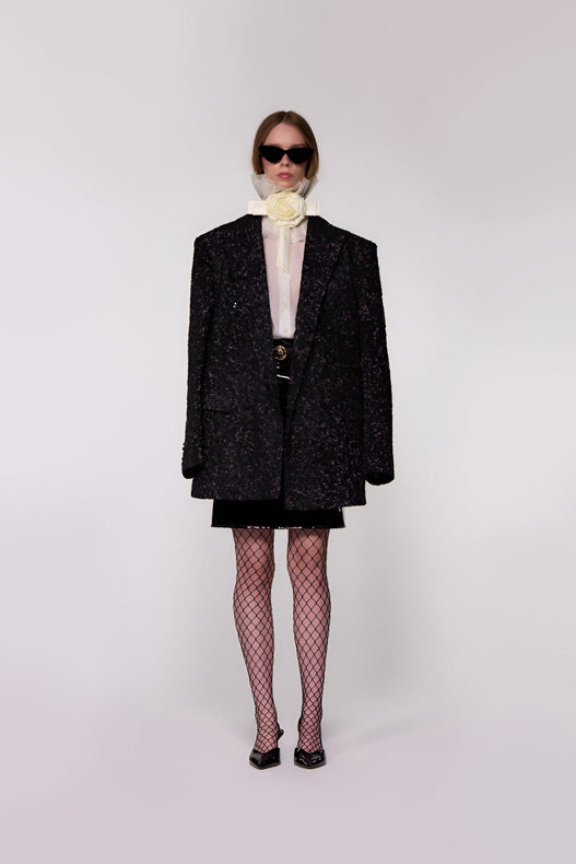 Helen Anthony Hand-Embroidered Sequin Wool Double-Breasted Blazer in 100% British wool styled with an Organza Blouse and PU Leather Midi Skirt.