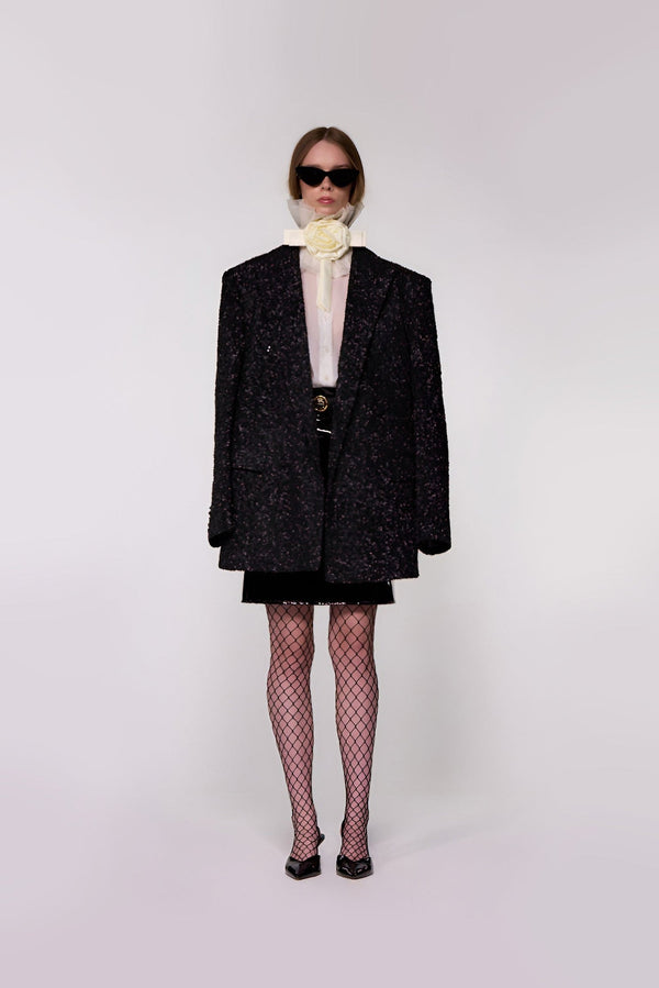 Helen Anthony Hand-Embroidered Sequin Wool Double-Breasted Blazer in 100% British wool styled with an Organza Blouse and PU Leather Midi Skirt.