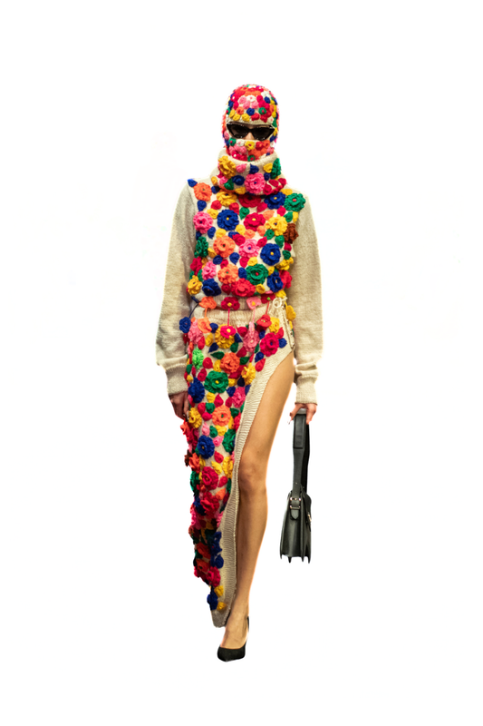 Hand Knit Flower Balaclava Hood