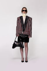 Helen Anthony Satin Shawl Lapel Striped Wool Cropped Jacket in 100% British wool styled with the PU Leather Midi Skirt.