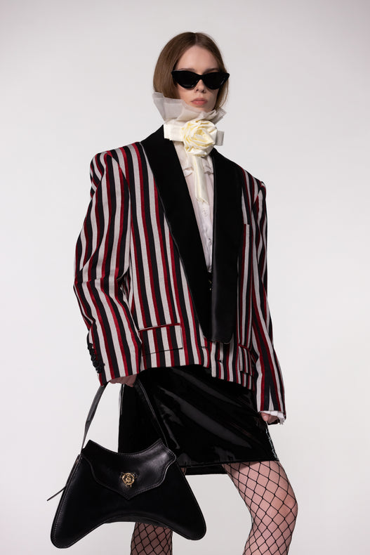 Satin Shawl Lapel Striped Wool Cropped Jacket