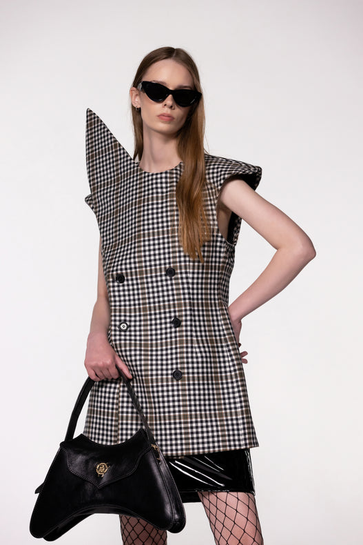 Brown Check Sculptural Double Breasted Jacket