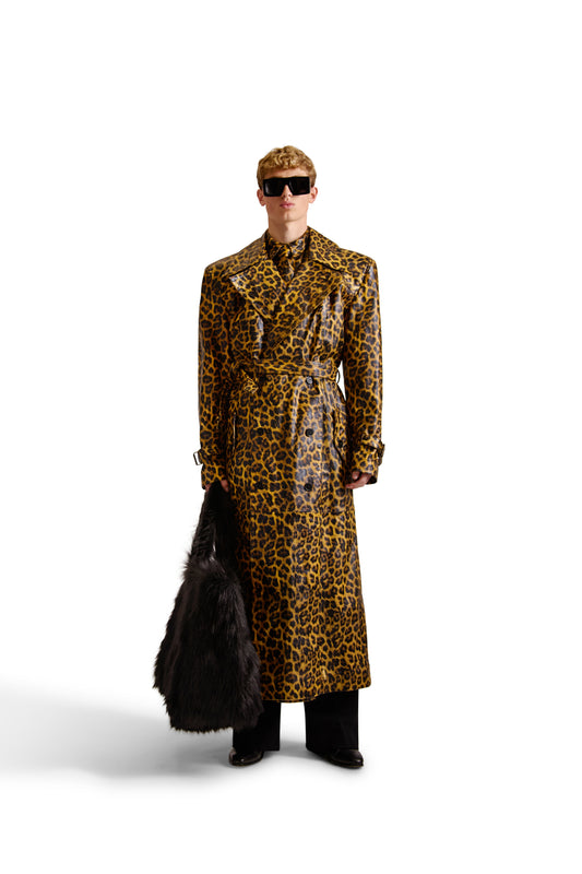 Double Breasted Belted Leather Long Coat
