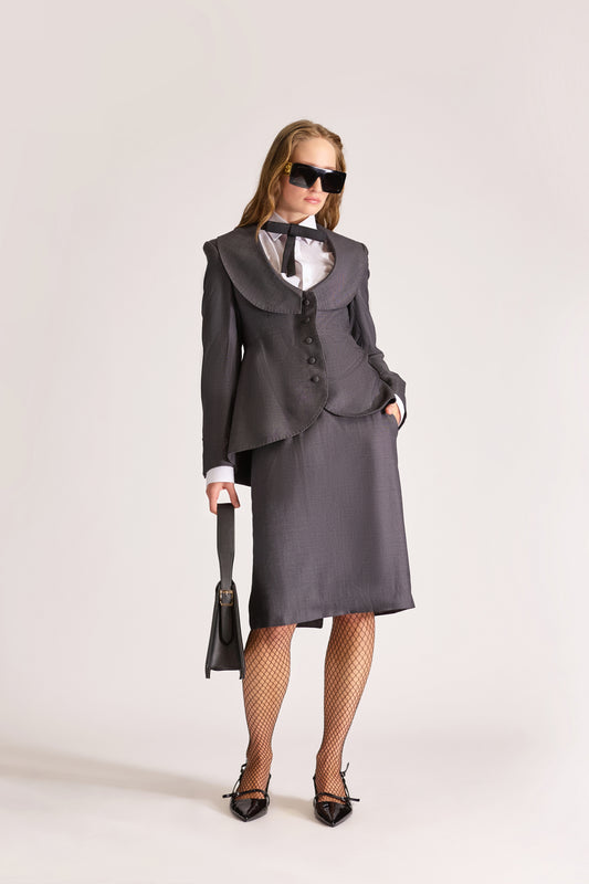 Tailored Wool Single Breasted Birdeye Jacket & Skirt Set