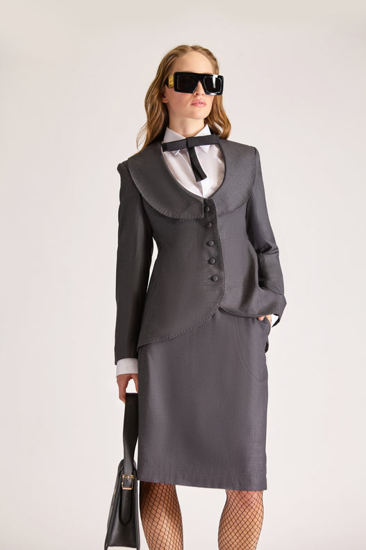 Tailored Wool Single Breasted Birdeye Jacket & Skirt Set