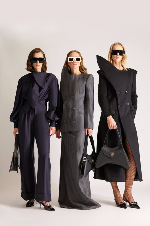 Double Breasted Pointed Lapel Wool Pinstripe Jacket & Skirt