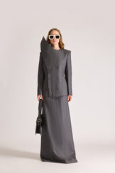 Double Breasted Pointed Lapel Wool Pinstripe Jacket & Skirt