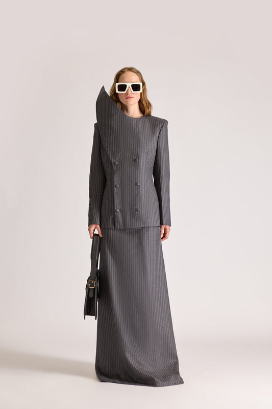 Double Breasted Pointed Lapel Wool Pinstripe Jacket & Skirt