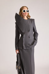 Double Breasted Pointed Lapel Wool Pinstripe Jacket & Skirt
