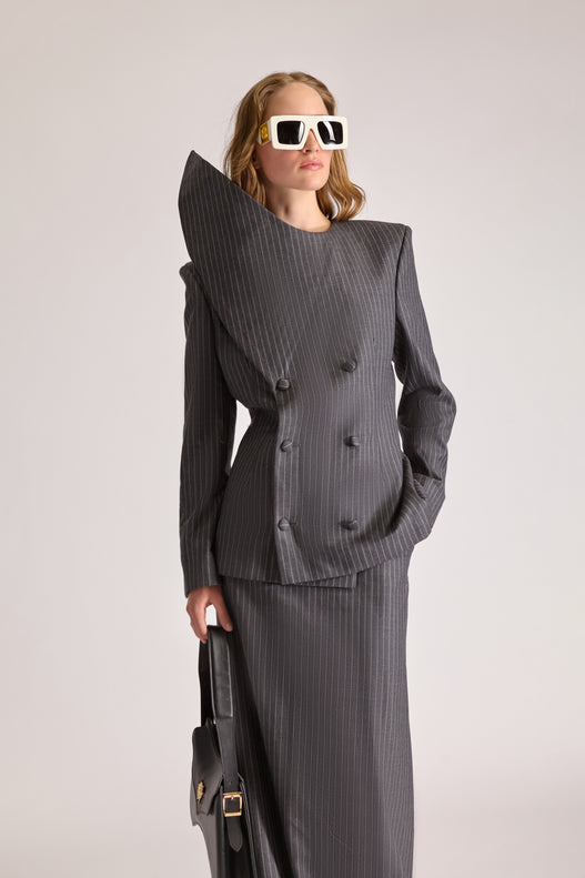 Double Breasted Pointed Lapel Wool Pinstripe Jacket & Skirt