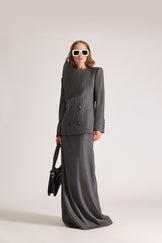 Double Breasted Pointed Lapel Wool Pinstripe Jacket & Skirt