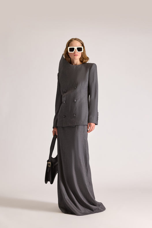 Double Breasted Pointed Lapel Wool Pinstripe Jacket & Skirt