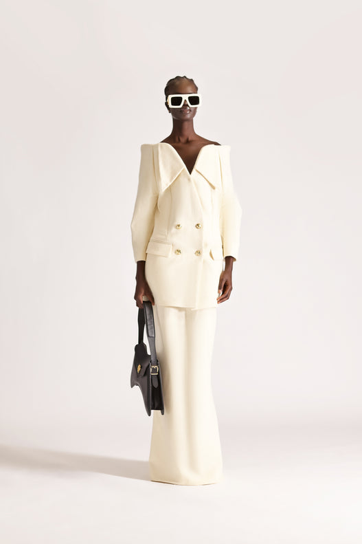 Double Breasted Folded Lapel Wool Jacket & Skirt