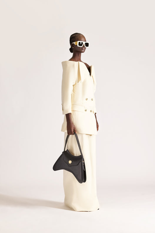 Double Breasted Folded Lapel Wool Jacket & Skirt