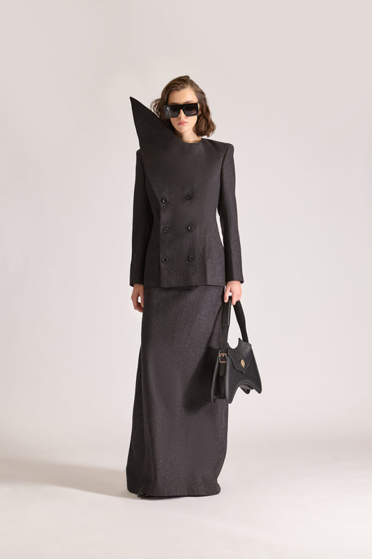 Double Breasted Pointed Lapel Wool Jacket & Skirt