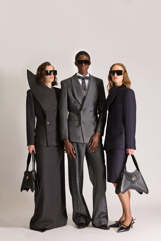 Double Breasted Pointed Lapel Wool Jacket & Skirt