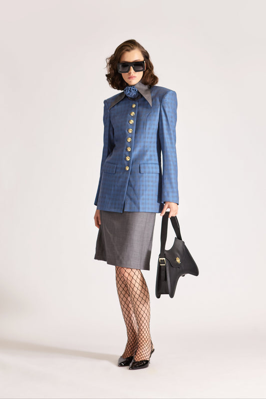 Tailored Wool Single Breasted Check Jacket & Skirt Set